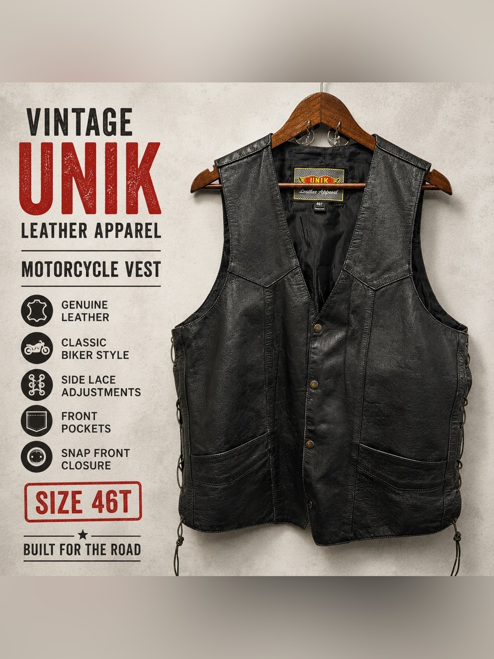 Vintage UNIK Leather Apparel Black Motorcycle Vest Lace Men’s 46T Biker Western